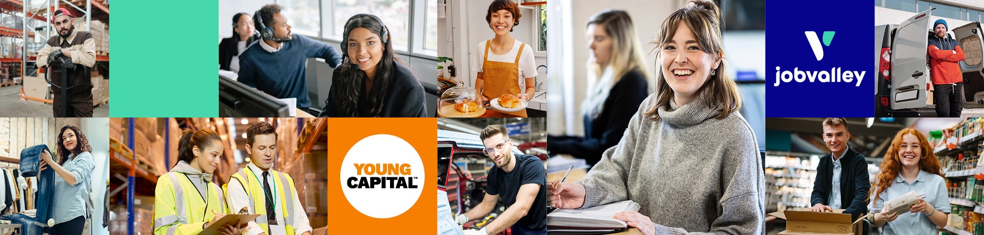 Eine Collage aus jungen arbeitstätigen Personen und die Logos von Jobvalley und YoungCapital