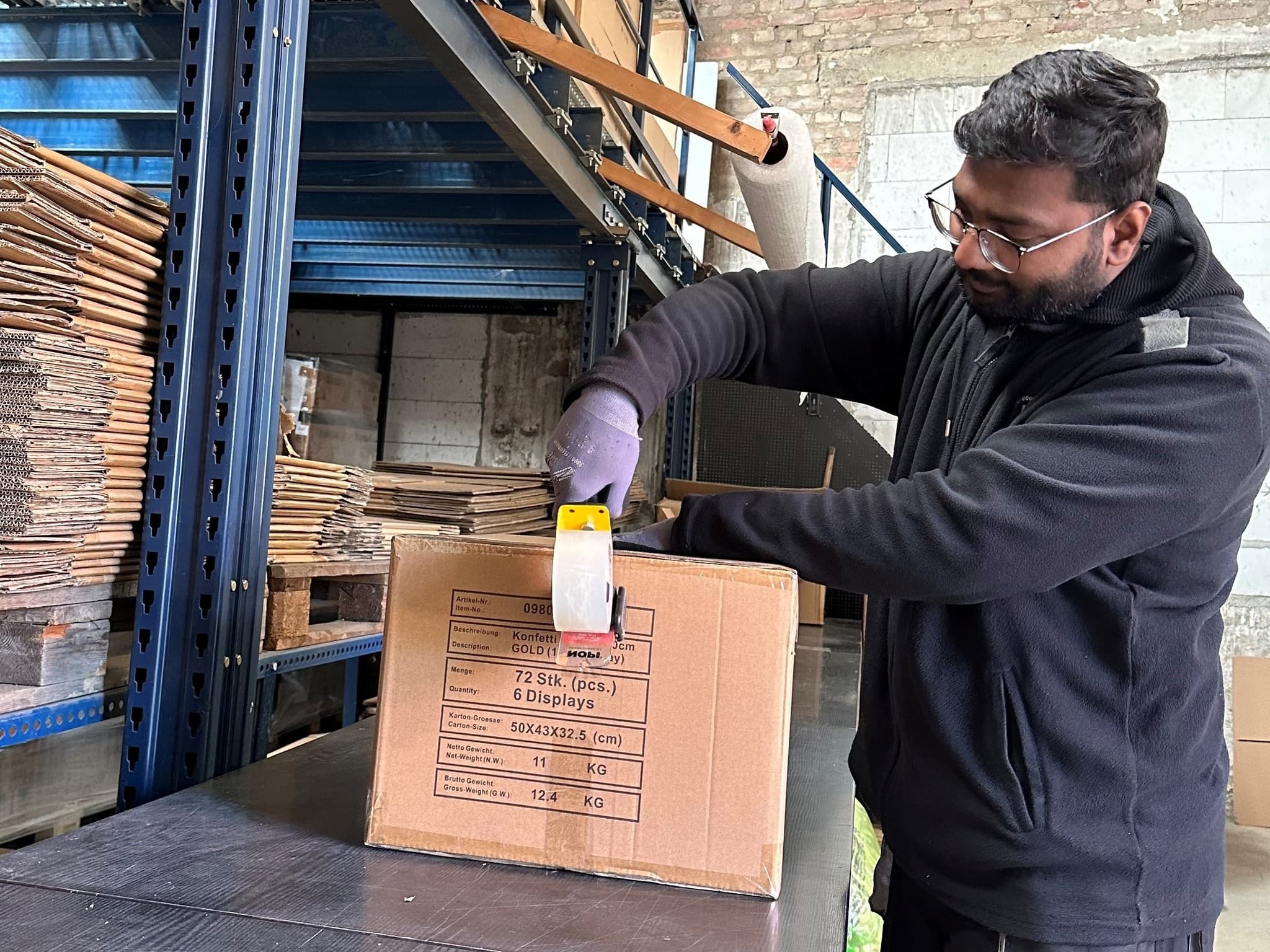 Logistik Mitarbeiterin scannt freudig ein Paket