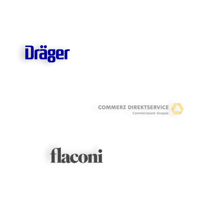 Logos Referenzkunden Dräger, Commerz Direktservice und flaconi